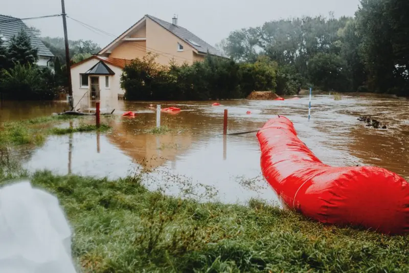 Flooded residential area protected by red flood barriers, showing severe weather impact.